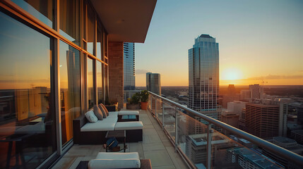 Naklejka premium A chic high-rise apartment with a modern interior and a balcony overlooking the city 