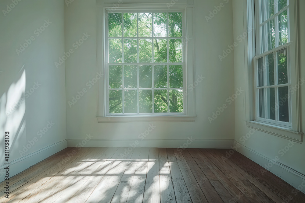 Poster Sunlight streaming through large windows in a serene room surrounded by greenery in the afternoon