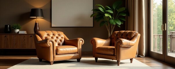 High-end sepia leather armchair with buttoned details in a luxury living room, armchair, furniture
