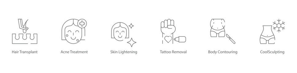 Hair Transplant, Acne Treatment, Skin Lightening, Tattoo Removal, Body Contouring, and CoolSculpting Vector Icon Set