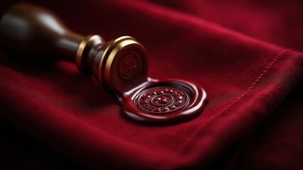 Stamp with Paid mark, Macro photograph capturing classic wax seal with 'PAID' deep crimson hues on velvet dramatic side lighting enhancing gra