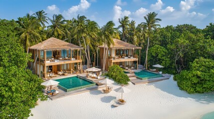 Fototapeta premium Maldives luxury villas with pools on white sand beach, lush tropical backdrop