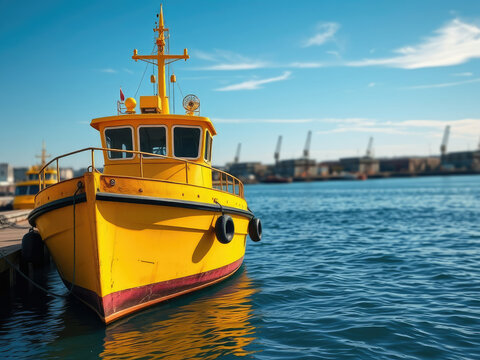 Overview of yellow tugboat anchored at bollar, industrial, marina view, transport