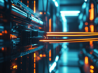 Network cables connecting to a mainframe within a high-tech server room featuring glowing lights