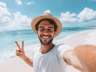 Handsome man enjoying summer at the beach while smiling and wearing a straw hat