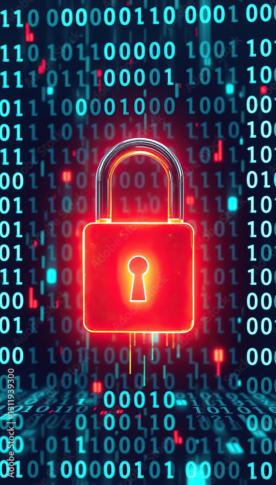 Poster Digital Security Red padlock symbolizing data protection amidst floating binary code cyber defense