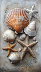 Seashells arranged on textured surface