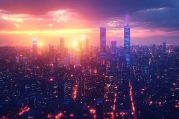 Fototapeta premium Experience a futuristic cyber city at night with gleaming skyscrapers in this captivating image. Discover the stunning details of illuminated buildings 