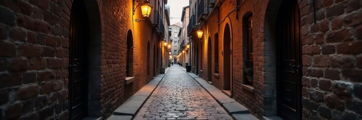 Obraz premium Narrow passageway in historic town with uneven brick floors and vintage lanterns, town, narrow