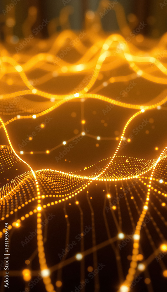 Poster golden light waves abstract technology design featuring glowing strands against dark backdrop