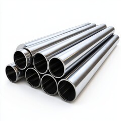 Fototapeta premium Stacked stainless steel pipes for water supply on a clear white background in industrial setting