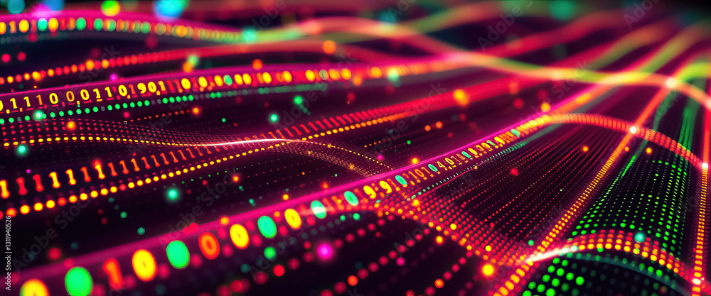 Fototapete Data streams represented by colorful illuminated waves and binary code on dark background