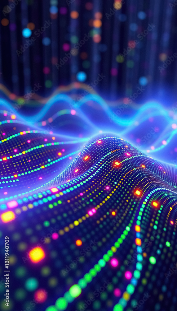 Aufkleber Abstract data flow on wave like surface illuminated with glowing dots connectivity