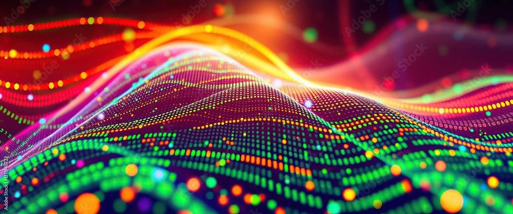Poster Abstract digital landscape with flowing lights and vibrant colors forming undulating pattern