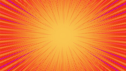 Vibrant Pop Art Comic Background. Retro Halftone Sunburst Explosion in Orange and Yellow