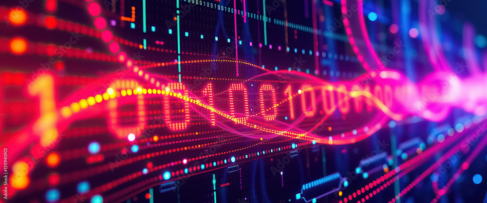 Fototapete Futuristic display with binary code data streams and abstract glowing lines and dots on screen