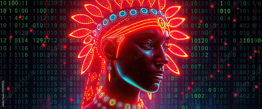 Poster Neon lit figure of person with digital binary code overlay blending technology and culture