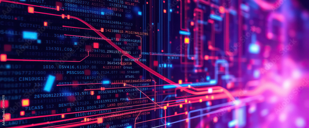 Fototapete Abstract technology display featuring digital matrix with lines and data points depth