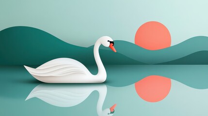 Fototapeta premium Serene Paper-Cut Style Swan on Calm Water with Geometric Sunset