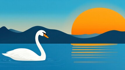 Obraz premium Serene Lake Scene with Elegant Swan and Vibrant Sunset Background