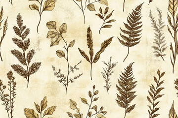 Seamless pattern featuring prehistoric plants for design projects. ancient botanical prints for fabric, detailed texture