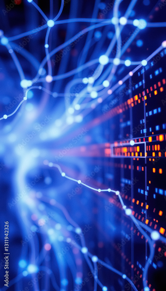 Fototapete Complex network of data streams with bright blue lines connecting glowing node points on screen