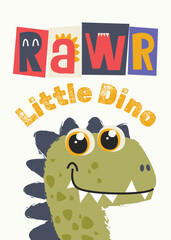 Cute dinosaur with cheerful text vector Illustration for kindergarten background, kids poster decoration, book cover, apparel and others