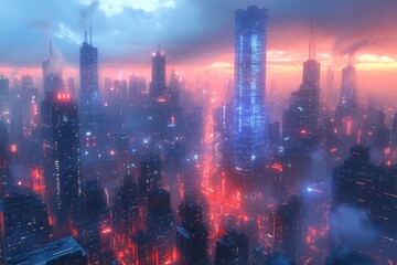 Explore a captivating image of a person in a futuristic cyber city at night, surrounded by dazzling illuminated skyscrapers. Experience the cityscape of tomorro