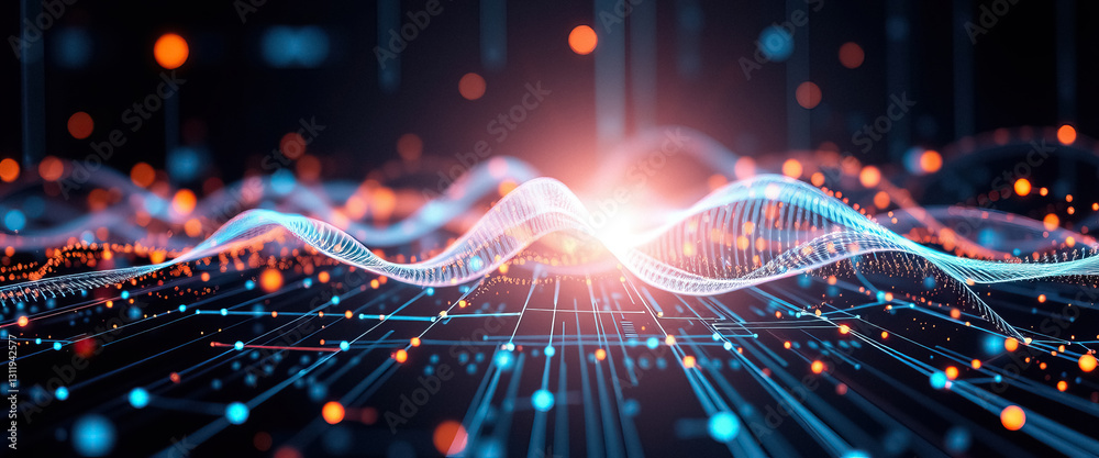 Aufkleber Abstract digital network with glowing waves and interconnected nodes data flow