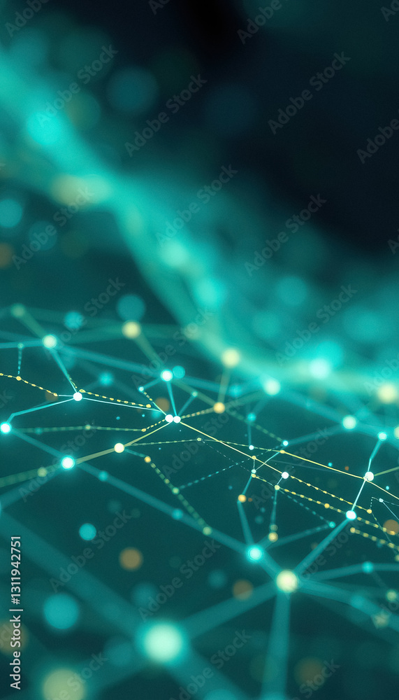 Poster Futuristic network with interconnected nodes and lines teal color scheme and elegant design