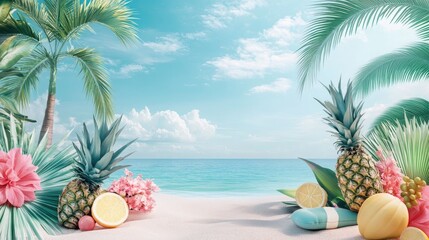 Obraz premium Tropical Beach Paradise Scene with Pineapples Flowers and Lemons on Sandy Shore