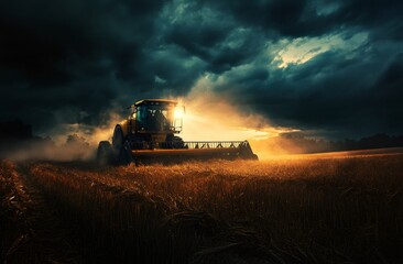 Fototapeta premium Golden Harvest: A tractor harvests a golden field of wheat beneath a dramatic, cloudy sky. Capturing the power of agriculture.