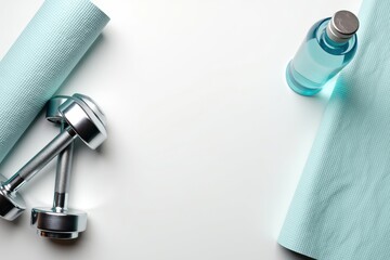 Weights, towels, and a water bottle on a surface