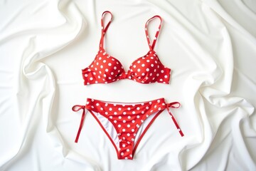Red polka dot bikini displayed on white fabric