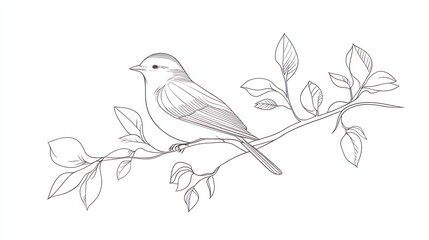 Elegant bird on branch, floral design, artistic line drawing, for print, poster, or wall art