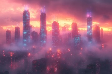 Fototapeta premium Discover a stunning image of a futuristic cyber city at night, showcasing illuminated skyscrapers and a sleek truck silhouette blending into the scene.