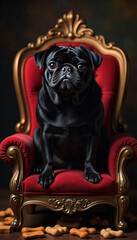 black pug siting on a royal old fashioned chair