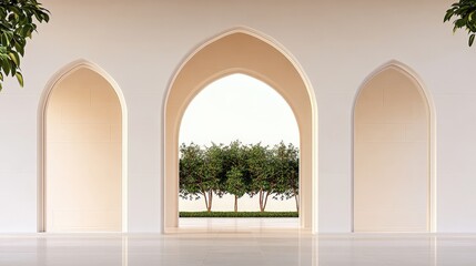 Fototapeta premium A serene architectural space featuring arches, leading to a view of lush greenery and trees outside.