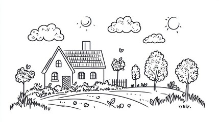 Sketchy countryside house scene