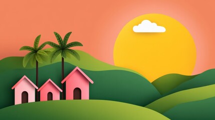 Obraz premium Vibrant Landscape with Colorful Houses and Setting Sun