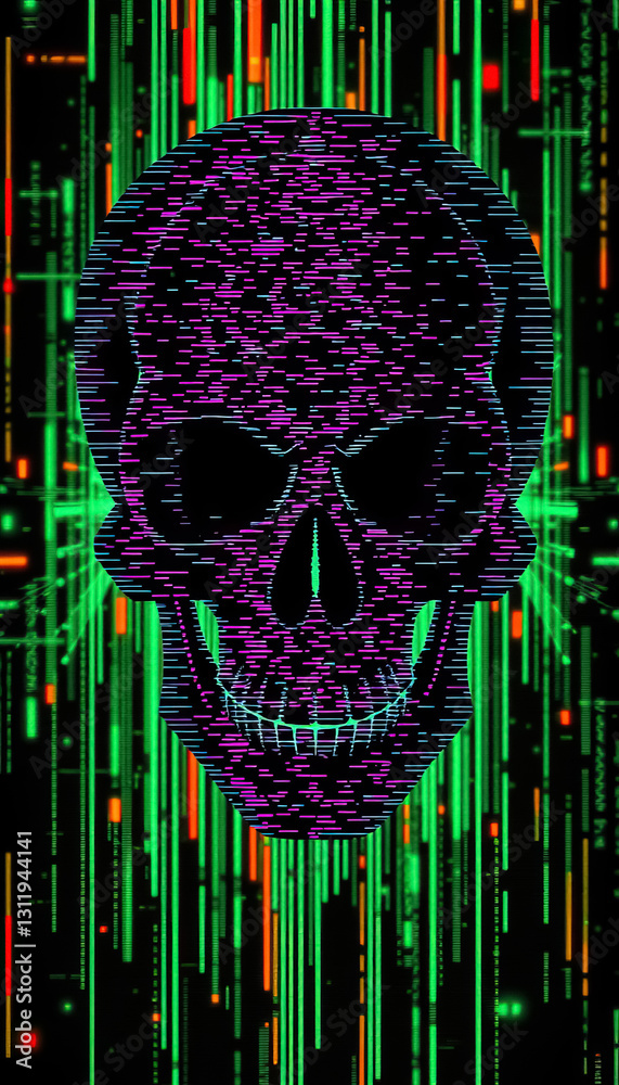 Poster digital skull pixelated skull in neon hues against backdrop of binary streaks of light