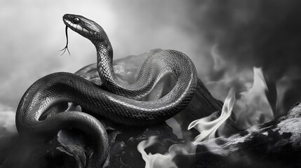 Obraz premium Dramatic Black and White Snake Portrait with Smoke and Fire Elements