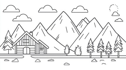 Naklejka premium Mountain Landscape with Chalet, Simple Line Drawing