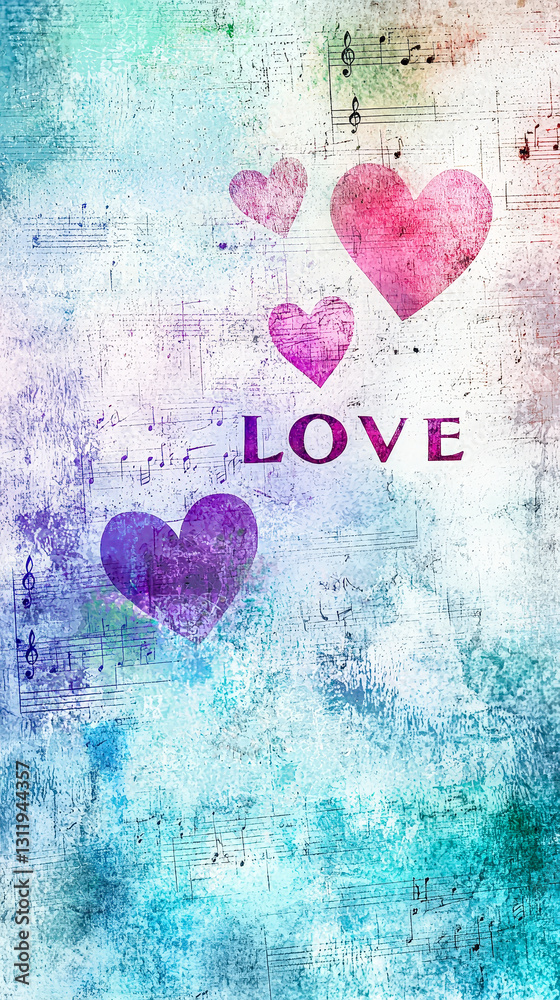 Poster soft pastel hearts ascending with musical notes surrounding the word love, creating a whimsical and 