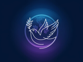 Obraz premium Neon peace dove with olive branch overlaying earth globe on dark background