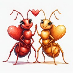 Cartoon Ants in Love Holding Hands - This playful watercolor cartoon features two adorable ants, one red and one yellow, holding hands with a heart above them, representing love and friendship