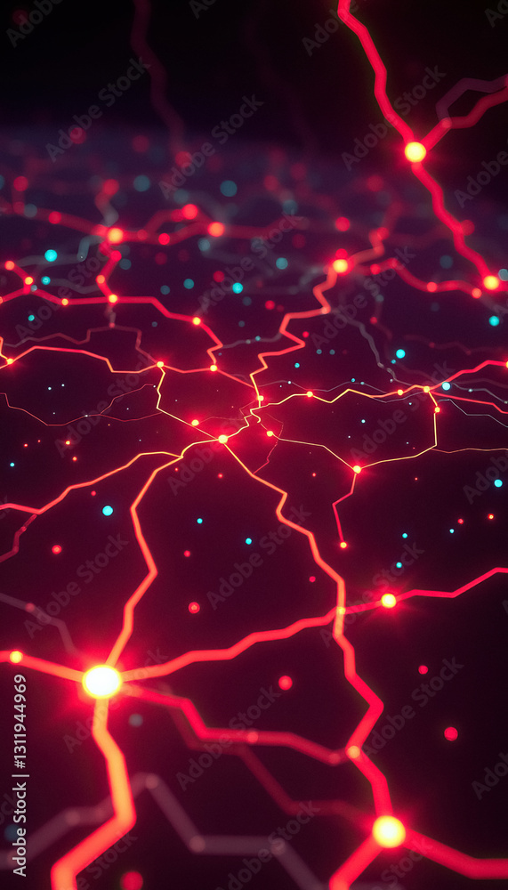Aufkleber Connected Network futuristic view of interconnected nodes with vibrant neon light streams