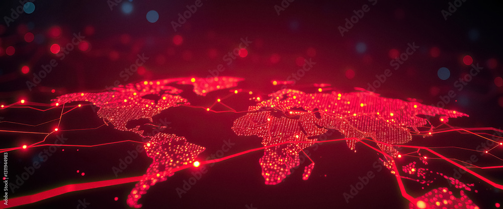 Poster Global network with red map illustration showing worldwide connection and data transmission
