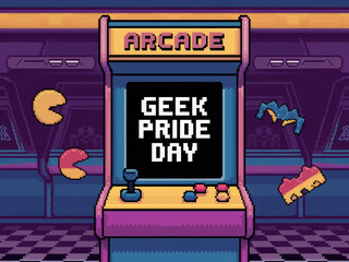 Retro arcade machine celebrating geek pride day with vibrant pixel art aesthetic