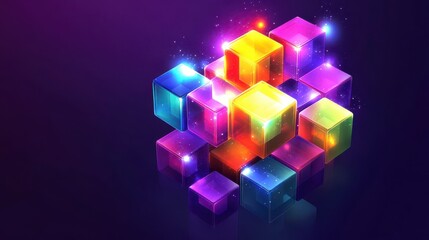 Colorful Glowing Cubes Arranged in Abstract Pattern on Dark Background